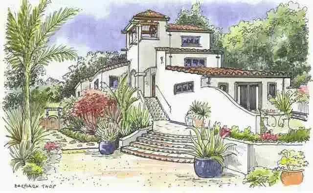 Watercolor rendering of the Crown Avenue residence by Barbara Tapp
