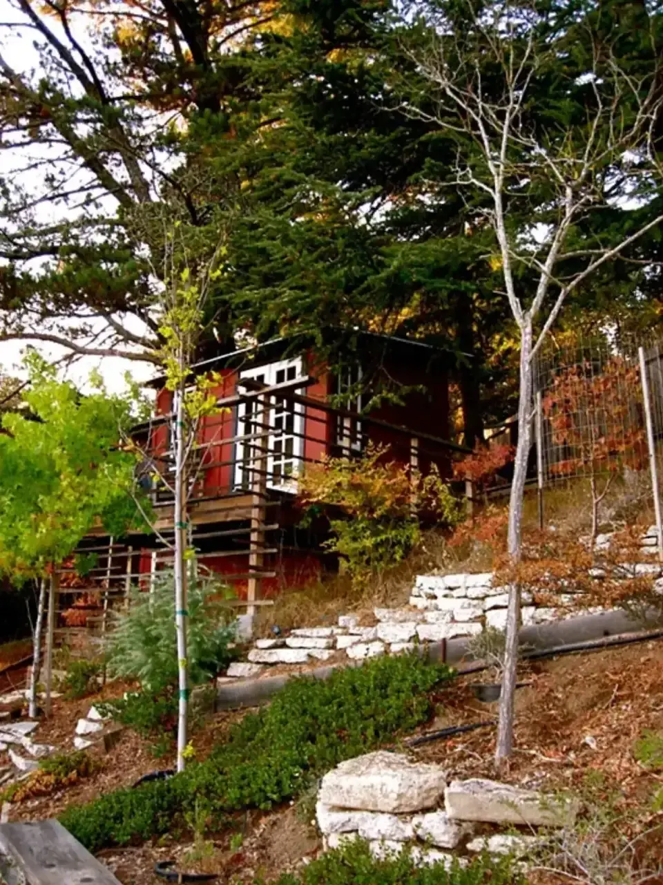 Red-stained hillside ADU with mullioned windows